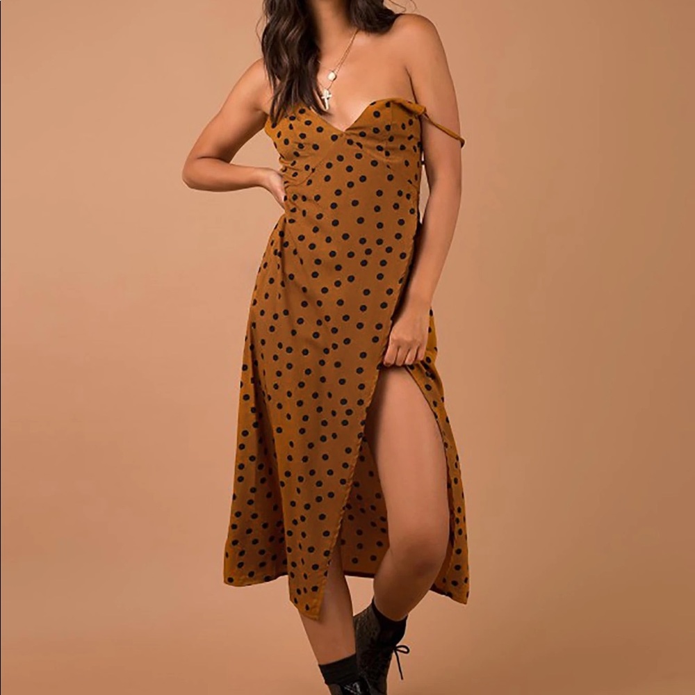 Princess Polly Mustard Brown Polka Dot Slip Midi Dress